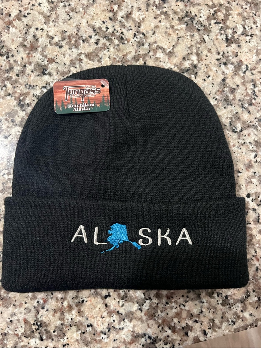 Tongass Alaska Embroidered Cuffed Beanie - Black with Blue Alaska Map